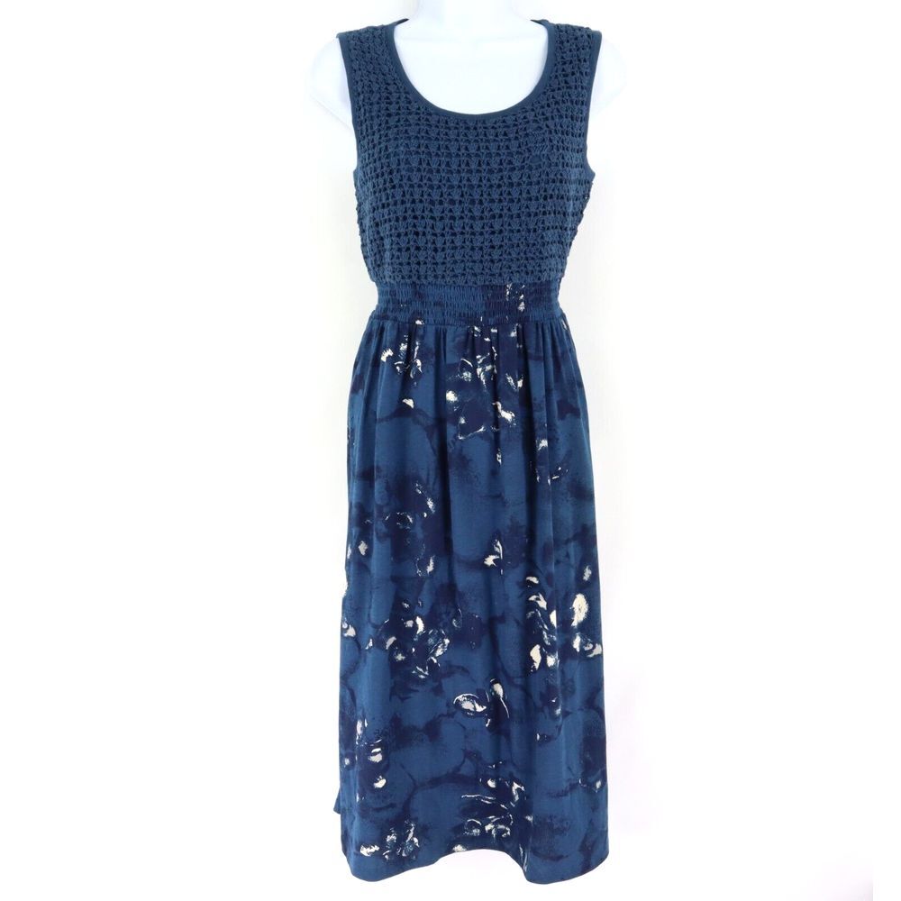 Charter Club Maxi Dress Womens P Blue Floral 100% Cotton Crochet Panel Stretch